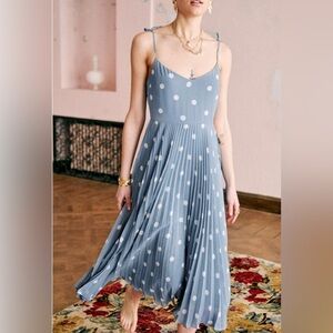 Sézane, Nissa Blue Polka Dot Pleated Midi Dress, Size FR 34 (US 2/XS) | 1344